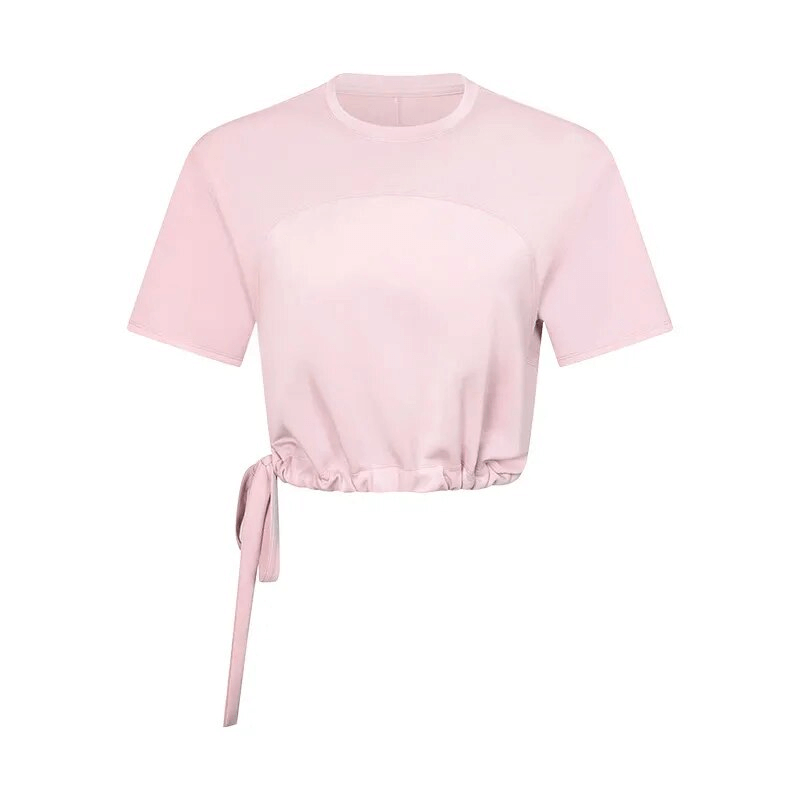 Pink crop T-shirt with short sleeves and adjustable hem, ideal for sports, running, yoga, and dance. Style: SF1560.